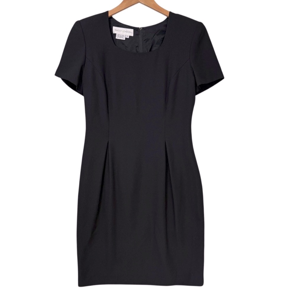 Vintage Maggy London Black Sheath Dress Size 12 Shoulder Pads Classic Style